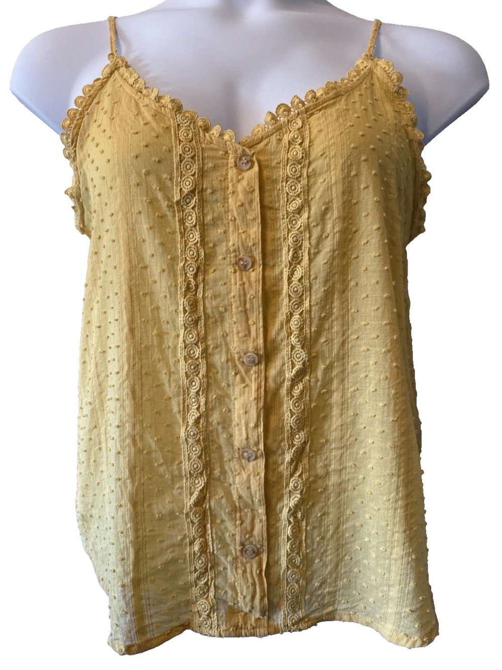 MINE | Yellow Spaghetti Strap Tank Top Cami Lace Dot Accent Button Down